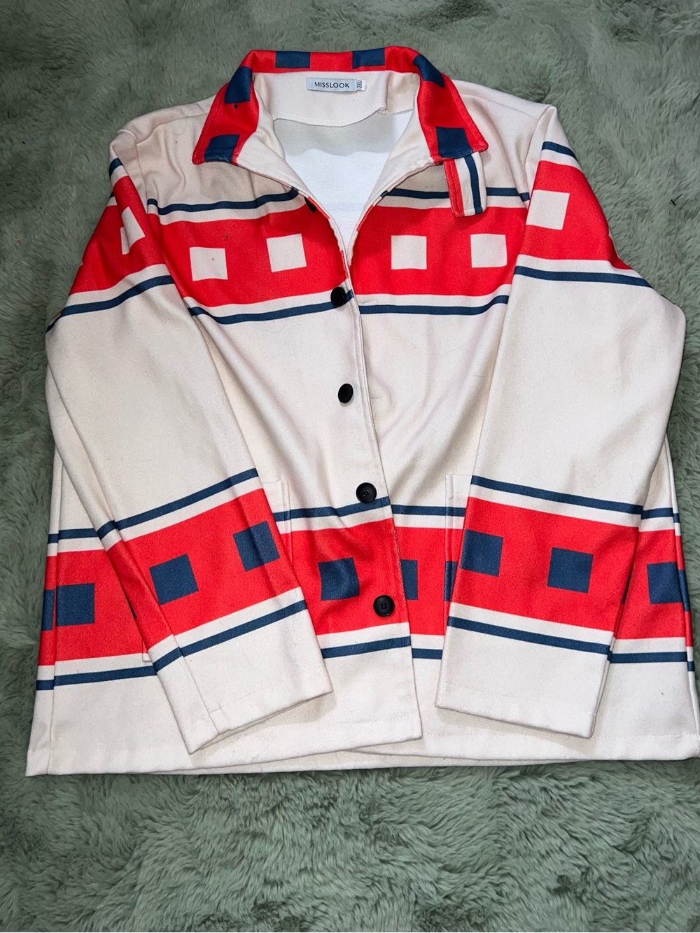 MISSLOOK Cream Jacket with Bold Red and Navy Geometric Stripes